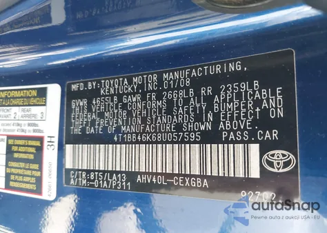 2008 Toyota Camry Hybrid from USA, damaged, VIN 4T1BB46K68U057595